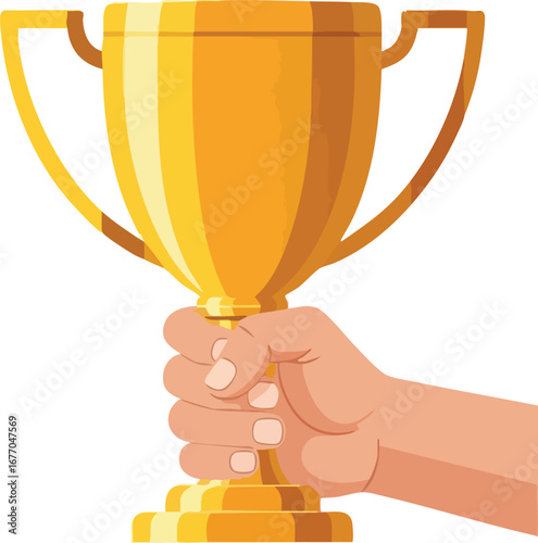 Hand holding a golden trophy cup award for victory and success 1 prize gold