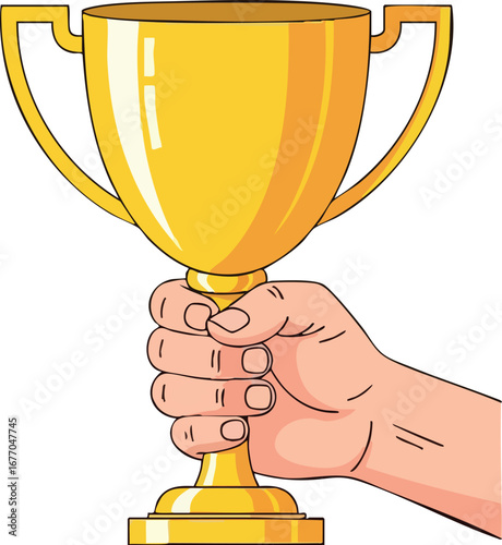 Hand holding a golden winners trophy cup illustration award prize gold 1