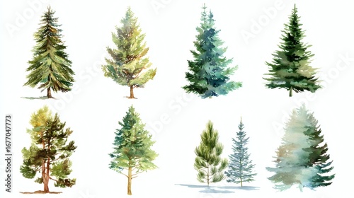 A collection of watercolor illustrations of various trees, showcasing different types and colors, ideal for nature-themed designs