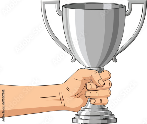 Hand holding a silver trophy cup for victory and achievement award prize