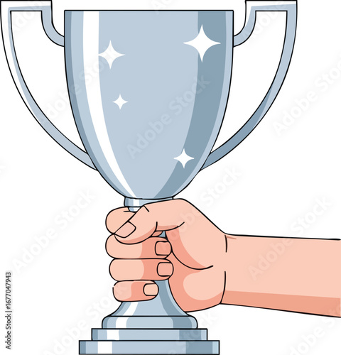Hand holding a silver winners trophy cup for second place award  icon  champion  competition
