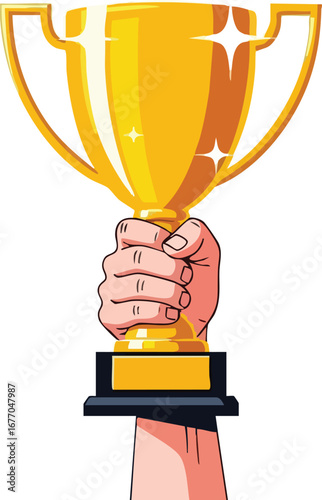 Hand holding gold trophy award champion 2 winner  gold  illustration trophy  award  gold cup  hand holding trophy  winner