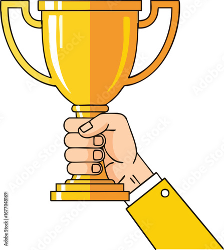 Hand holding golden trophy award winning success achievement victory  illustration  effort  leader  element  celebration