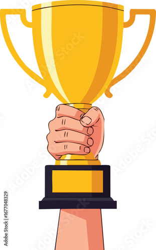 Hand holding golden trophy cup for victory and success gold win  triumph  raised  gold