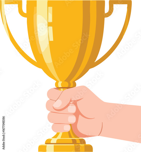 Hand holding golden trophy cup illustration gold 3 winner  champion  object  graphic  game  style