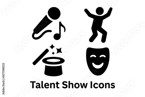 Talent show solid glyph icon set. Performance and entertainment concepts like singing, dancing, magic tricks, and comedy. Vector pictogram collection for web and mobile apps.