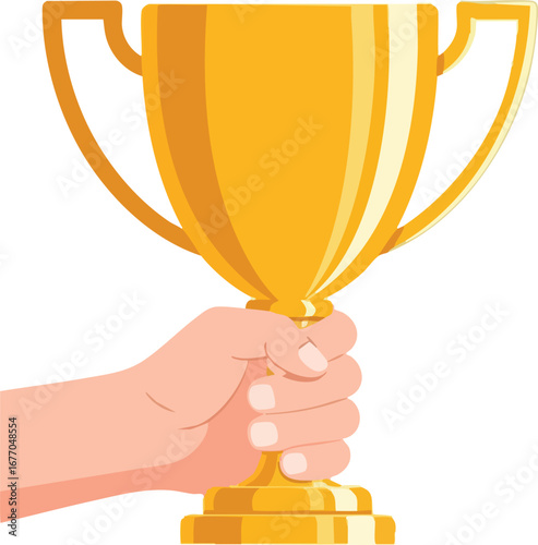 Hand holding golden trophy cup illustration on white background gold 3  accomplishment  skill  flat