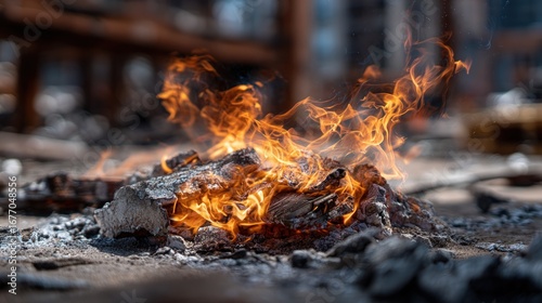 A close-up view of a vibrant campfire, with dancing flames and glowing embers, set against a blurred background.