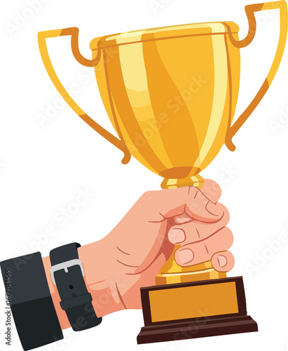 Hand holding golden trophy cup illustration on white background gold 2 winner