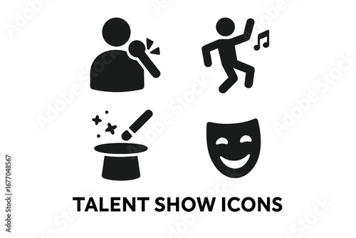 Talent show solid glyph icon set. Entertainment performance symbols. Singer, dancer, magician, and comedian pictograms. Singing, dancing, magic trick, and comedy vector.