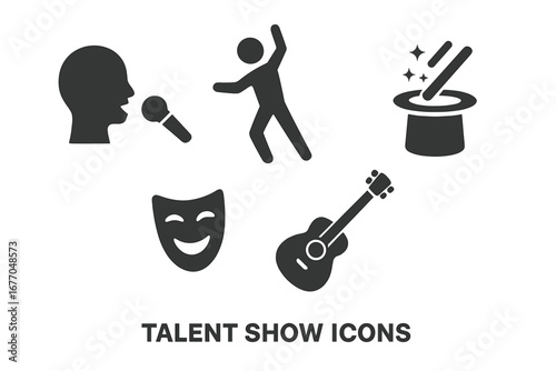 Talent show icon set. Solid glyph pictograms of entertainment categories. Singer with microphone, dancer, magician hat, comedy mask, and guitar for music performance vector.