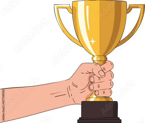 Hand holding golden trophy cup illustration on white background gold 4  competition  champion  sport