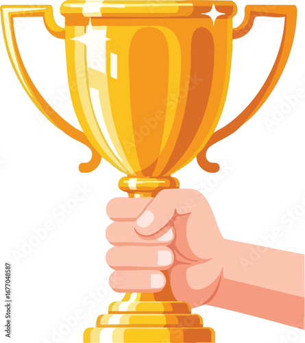 Hand holding golden trophy cup illustration on white background gold award winner