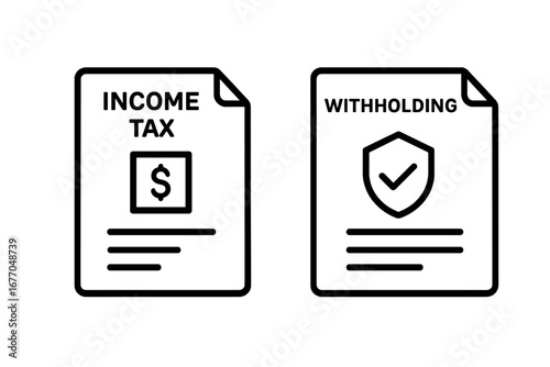 Income tax and withholding document outline icon set. Vector symbols for financial reporting, tax return form, payroll, accounting, salary, payment, and budget concepts.