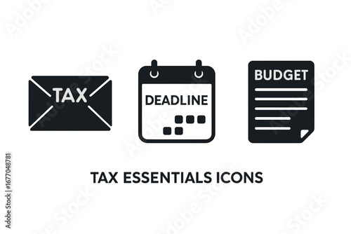 Tax essentials solid icon set. Vector glyphs for finance, budget, and deadline. Tax season pictograms for accounting, financial planning, and tax return concepts.