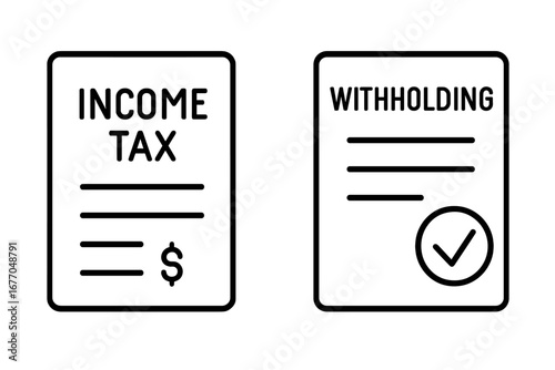 Tax document icons. Outline icon set of financial reporting and income tax return form. Withholding certificate vector illustration for finance, business, and accounting concepts.