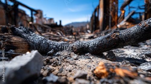 Charred debris and remnants of a fire-ravaged area, close-up view.
