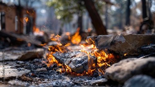 A close-up view of a fire burning amidst debris, showcasing the intensity of flames and the surrounding destruction.