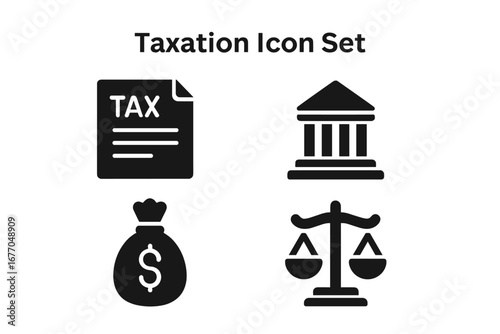 Tax and finance solid icon set. Government building, tax return form, money bag, and legal scales. Vector illustration for concepts of budget, economy, justice, and payment.