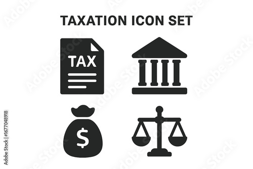 Taxation solid icon set. Tax government finance concept. Includes tax form, courthouse, money bag, justice scales. Vector illustration for financial law, payment, and declaration.