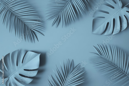 Blue botanical backdrop shows minimal style. Soft light reveals smooth surface for product staging, posters, and branding.