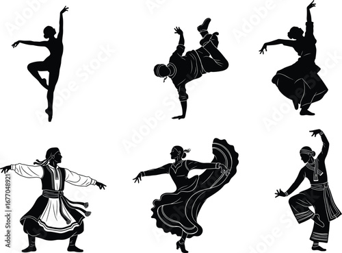 Dance silhouette vector set, ballet, breakdance, flamenco, folk dance, cultural poses, traditional costumes, black and white sketch, global dance styles, illustration