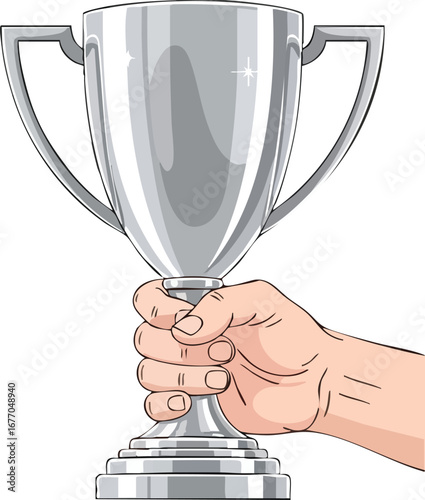 Hand holding silver trophy award prize metal  silver  metal  success  recognition  illustration  champion  vintage