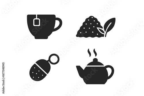 Tea brewing methods solid glyph icon set. Teabag in cup, loose leaf tea, ball infuser, and hot teapot vector pictograms. Beverage preparation silhouette symbols collection.