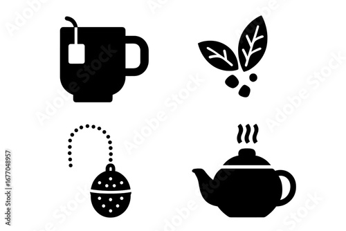 Tea brewing solid glyph icons set. Vector collection of tea making symbols. Teacup with teabag, loose leaf tea, infuser ball strainer, and hot steaming teapot illustration.