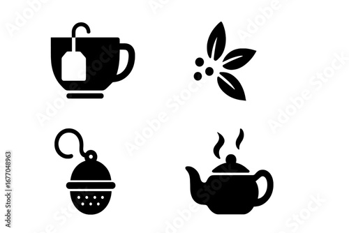 Tea brewing methods solid glyph icon set. Teabag in cup, loose leaf, infuser ball, and hot teapot symbols. Beverage preparation vector graphics for cafe menu or packaging.