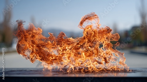 A vibrant display of flames, with an outward surge of orange and yellow hues against a blurred backdrop.