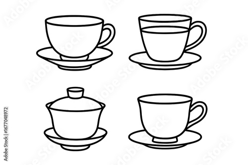 Tea cup icons collection. Outline icon set of tea cups, coffee mugs and saucers. Includes porcelain teacup, glass teacup, gaiwan cup. Vector illustration for cafe menu.