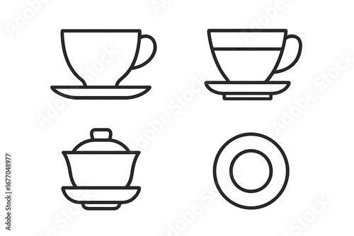 Tea cup and saucer line icon set. Outline vector collection of teacups, including porcelain, glass cup, and a traditional Chinese gaiwan. Minimal symbols for a cafe menu.