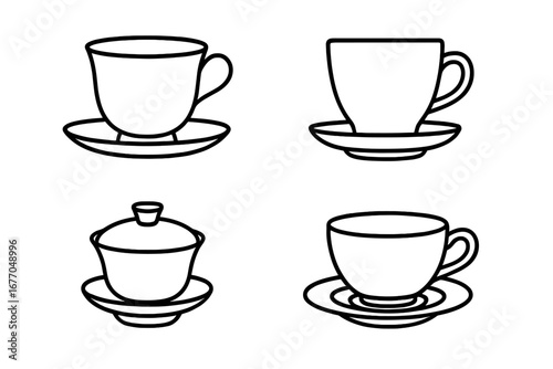 Tea cup icon set. Outline collection of various teacups, coffee cups, and saucers. Includes porcelain teacup and Chinese gaiwan. Vector line art for cafe and tea time concepts.