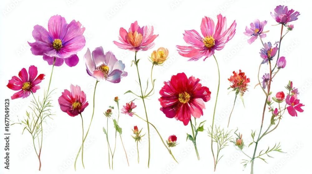 Naklejka premium A collection of beautifully painted flowers in various colors and styles, featuring pink, purple, and red blooms with delicate green stems