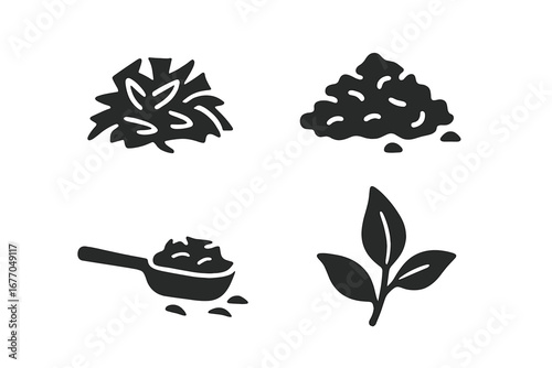Tea leaf icons glyph set. Loose leaf tea, dried herbs, botanical sprig and tea scoop solid silhouette. Vector graphic elements for tea house menu, organic beverage, matcha.