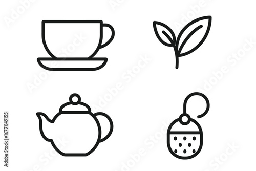 Tea making outline icon set. Vector collection for packaging and branding. Includes teacup, teapot, fresh leaf, and infuser. Concept for hot beverage, herbal drink, cafe menu.