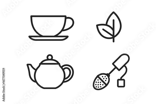 Tea outline icon set. Vector symbols for packaging. Simple line icons of teapot, cup, leaf, infuser. For tea house menu, branding, beverage, hot drink, cafe, herbal tea.