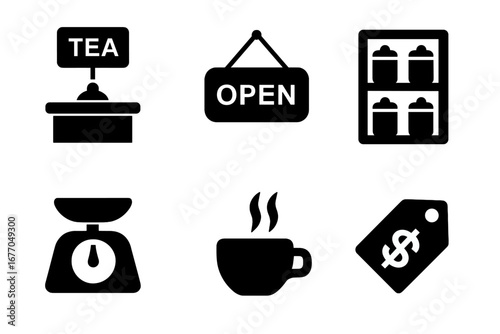 Tea shop glyph icon set. Vector collection of essential tea store symbols. Counter, open sign, tea shelf, weighing scale, hot cup, and price tag for retail business concept.