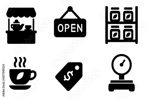 Tea shop solid glyph icon set. Vector collection for cafe and beverage business. Includes tea stall, open sign, leaf jars, hot cup, price tag, scale. Retail essentials pictogram.