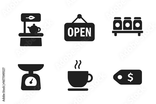 Tea shop solid icon set. Vector glyph collection of tea business essentials. Teapot, open sign, shelf with jars, scale, hot cup, price tag. Cafe and beverage concept symbol.
