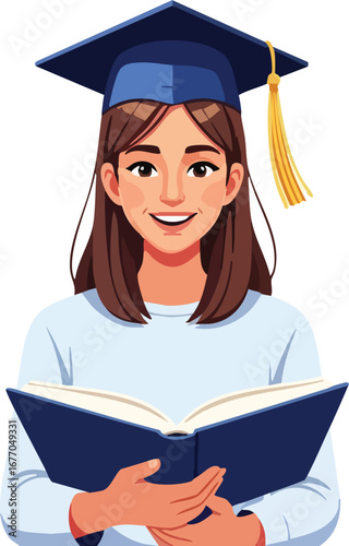 Happy female graduate student in cap holding a book woman girl person