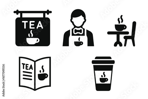 Tea shop and cafe solid icon set. Vector glyph symbols for coffee house, barista, menu, drink to-go, and table. Simple pictogram illustration for web and mobile design.