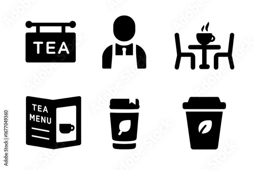 Tea shop glyph icon set. Cafe and coffee house concept. Solid fill vector icons. Barista, tea menu, to-go cup, table, sign. Beverage and drink symbols for web and app.
