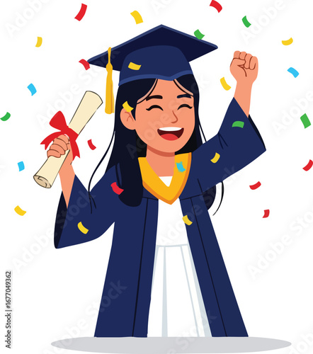 Happy graduate celebrating graduation with confetti student diploma degree 1 education  school  excited  celebration