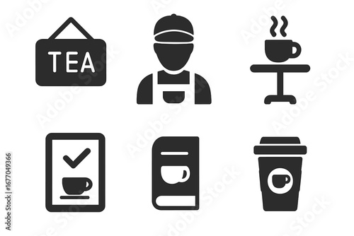 Tea shop and cafe solid glyph icon set. Vector symbols for coffee house, barista, hot drink, menu, and takeaway service. Simple black pictograms for beverage business.