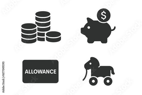 Teaching kids savings & finance icon set. Financial literacy for children. Solid glyph icons of piggy bank, coin stack, allowance, toy. Pocket money, budget, investment.