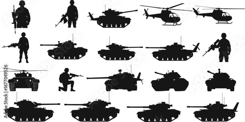 Military silhouette set of soldiers, tanks, helicopters, army vehicles, weapons, war icons isolated on white background for defense concepts