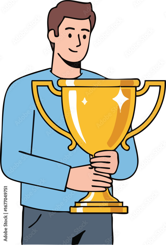 Fototapeta premium Happy man holding a golden trophy cup for victory winner success achievement award