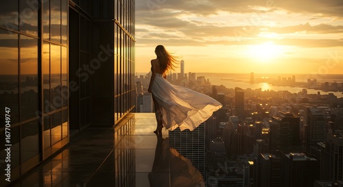 Woman in flowing dress atop a skyscraper at sunset, overlooking a cityscape bathed in golden light.